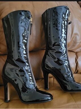 Valentino Black Patent Mid-Calf Zip Heeled Boots